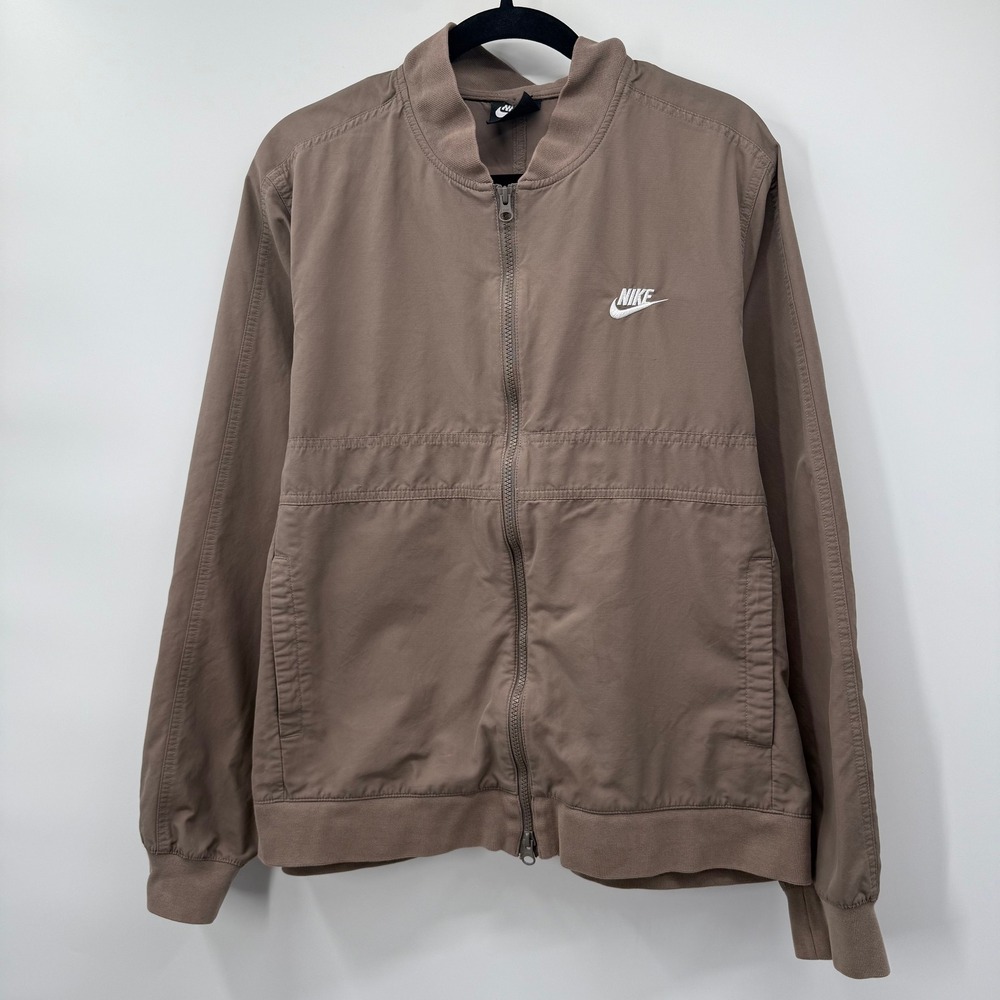 Nike Mens Large Bomber Jacket Brown Full Zip Lightweight Sportswear Logo